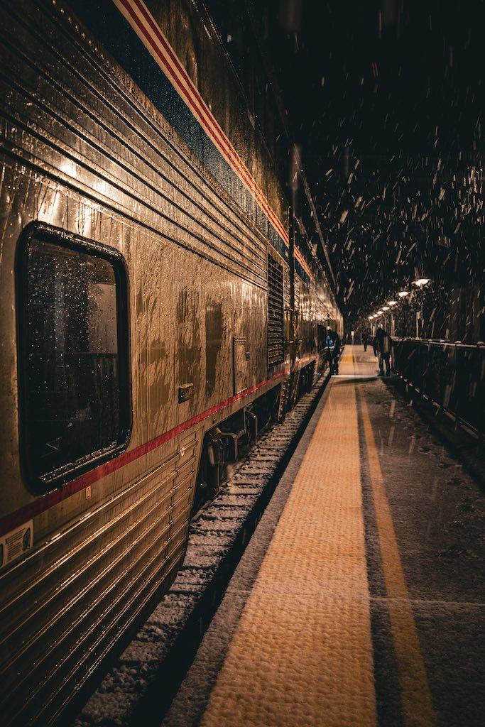 Amtrak train at night